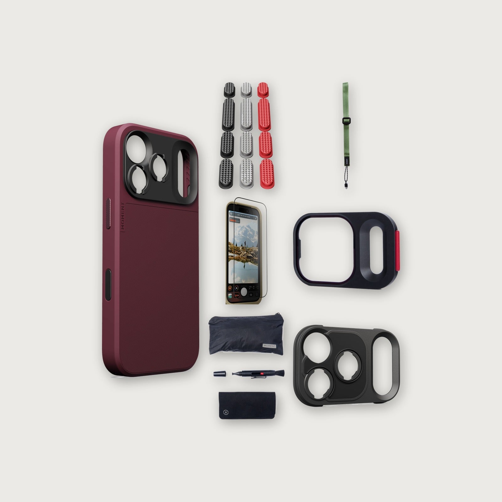 iPhone 18 Pro Max Case Essentials — Burgundy case, Metal buttons, Olive strap