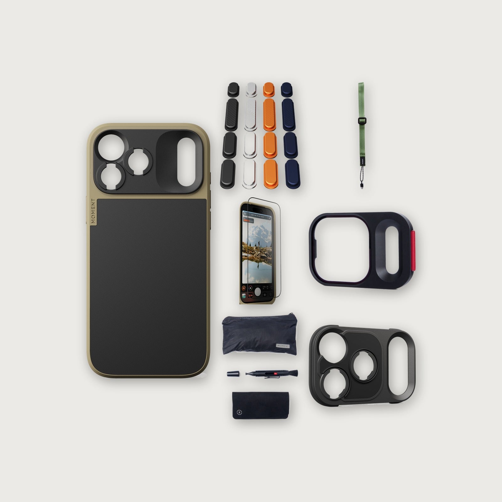 iPhone 18 Pro Max Case Essentials — Desert case, A2025 buttons, Olive strap