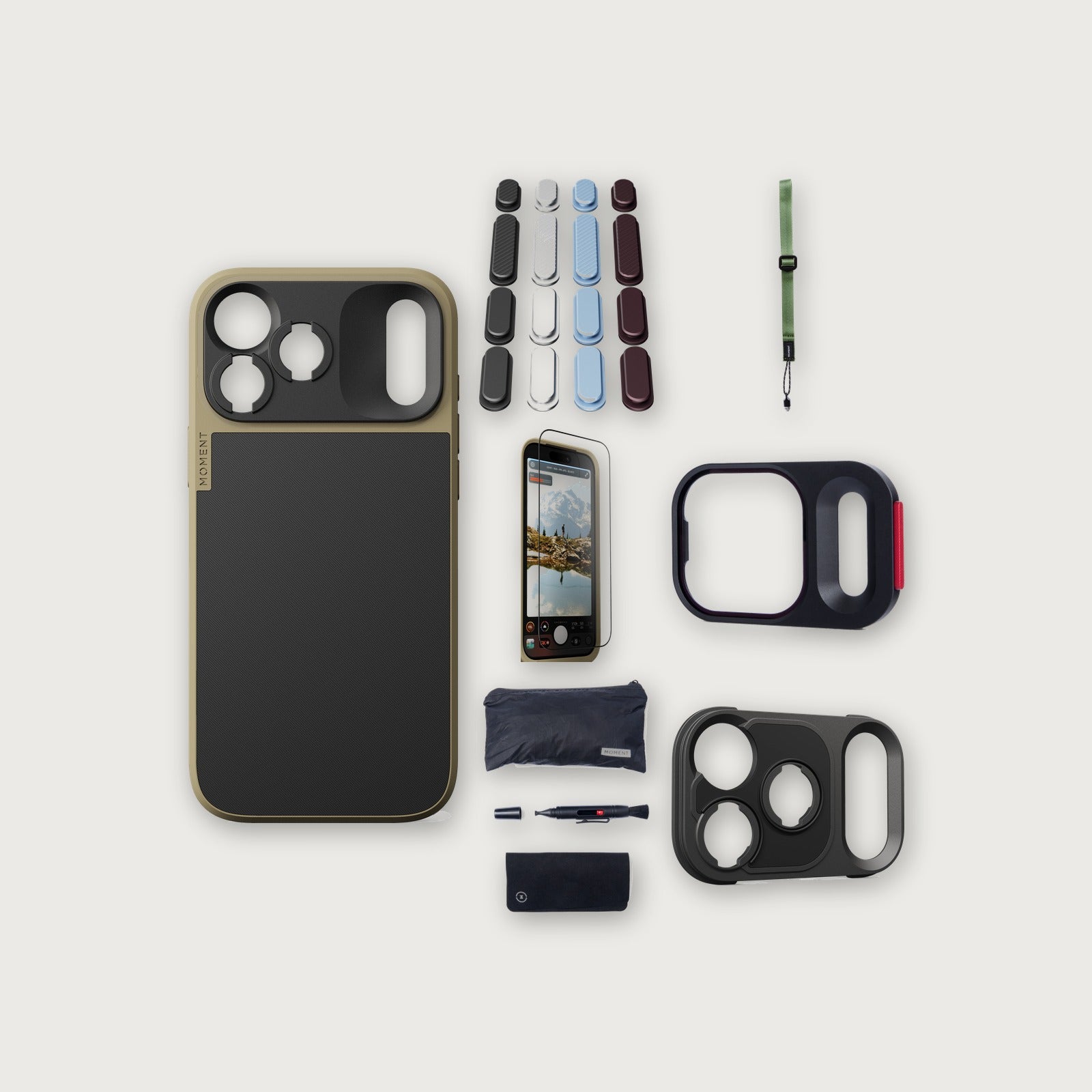 iPhone 18 Pro Max Case Essentials — Desert case, A2026 buttons, Olive strap