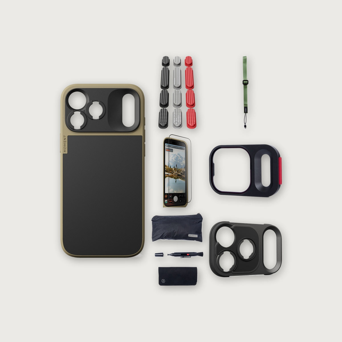 iPhone 18 Pro Max Case Essentials — Desert case, Metal buttons, Olive strap