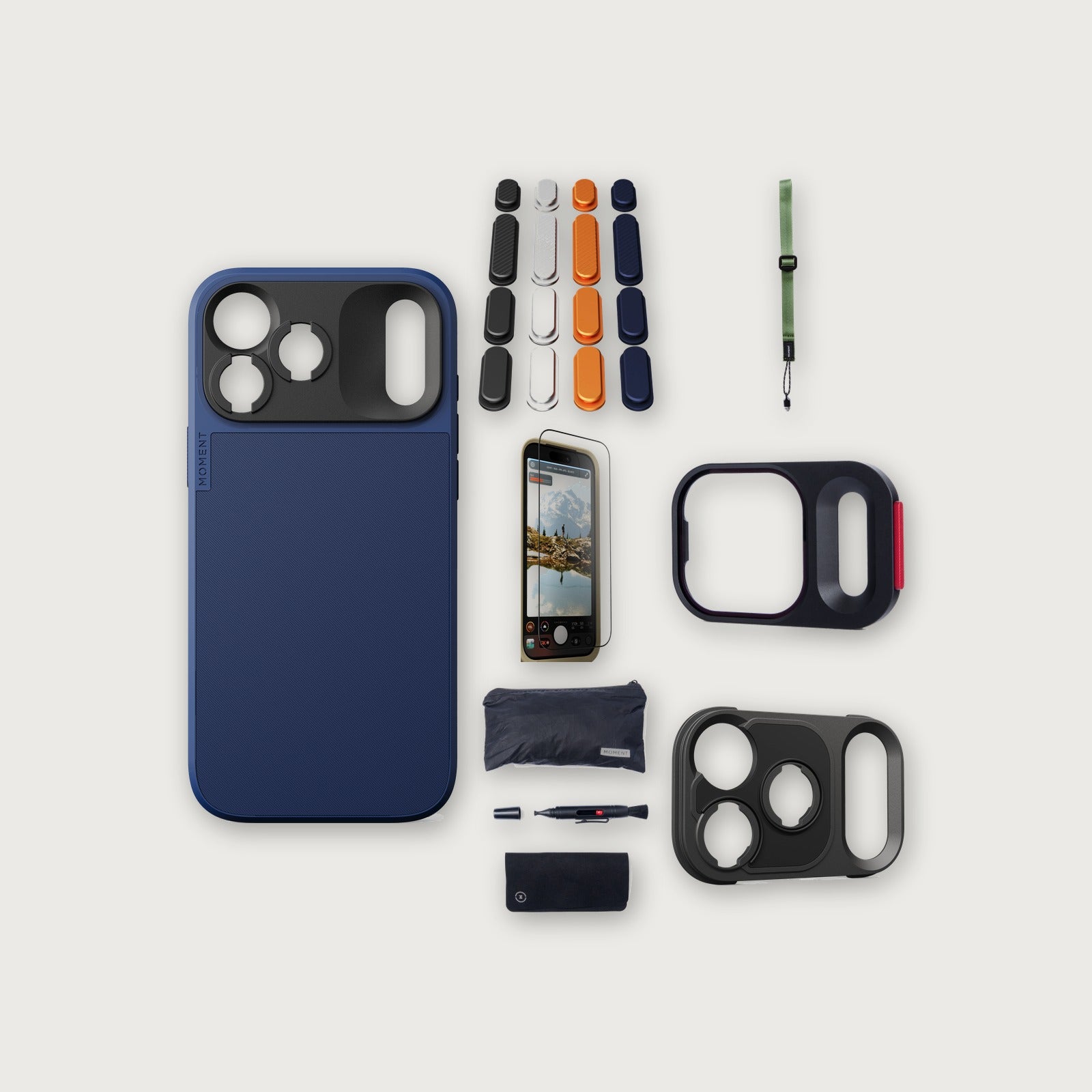 iPhone 18 Pro Max Case Essentials — Indigo case, A2025 buttons, Olive strap