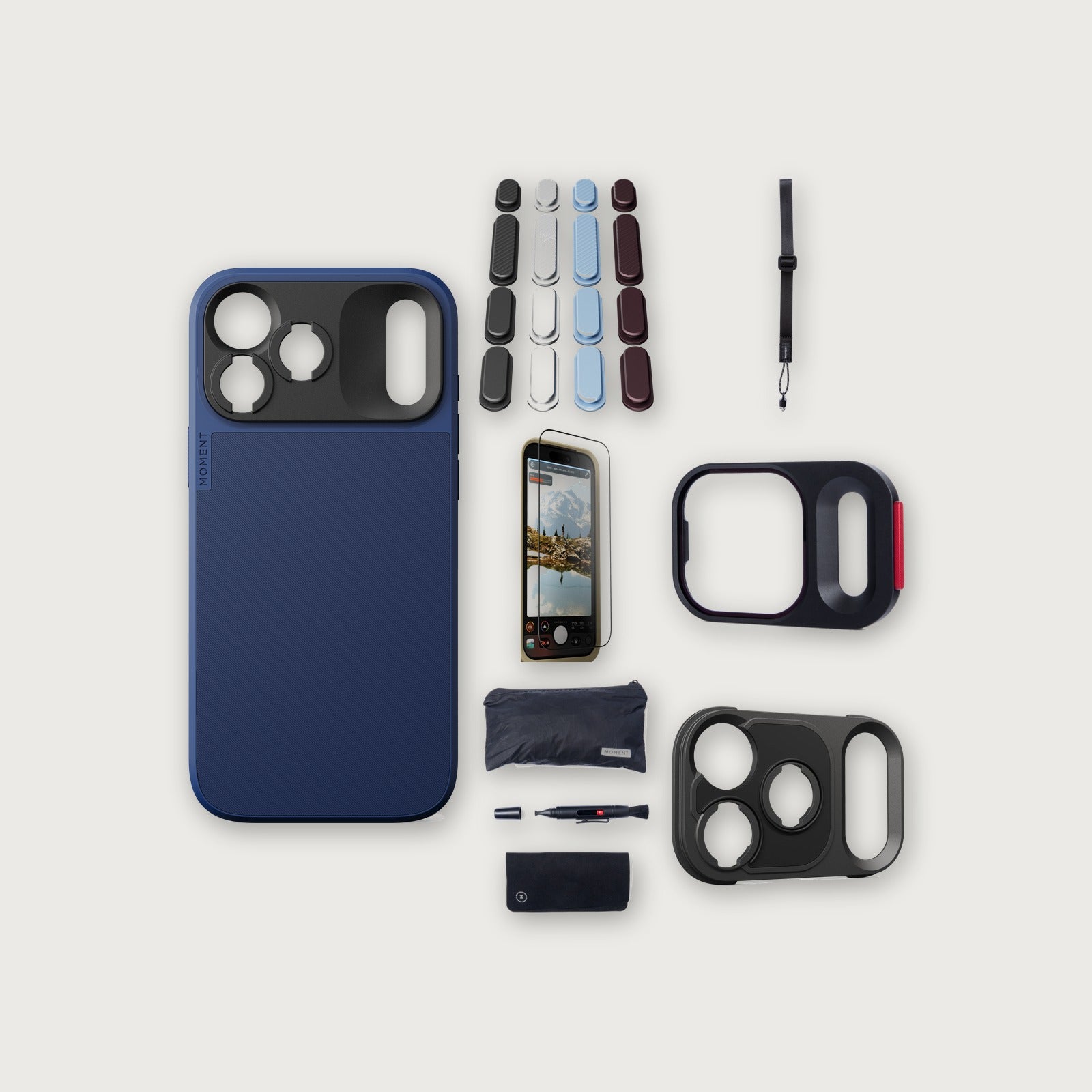 iPhone 18 Pro Max Case Essentials — Indigo case, A2026 buttons, Black strap