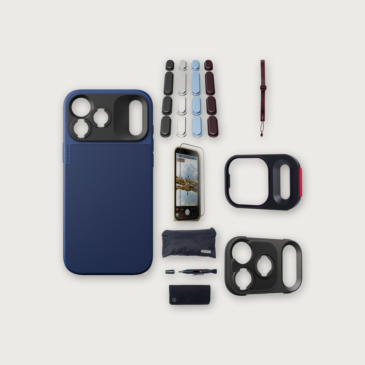 iPhone 18 Pro Max Case Essentials — Indigo case, A2026 buttons, Burgundy strap