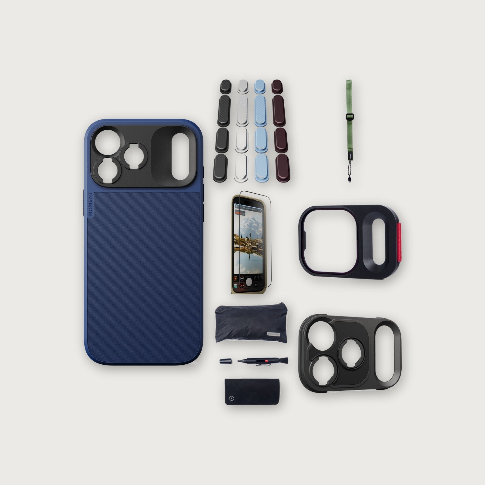 iPhone 18 Pro Max Case Essentials — Indigo case, A2026 buttons, Olive strap