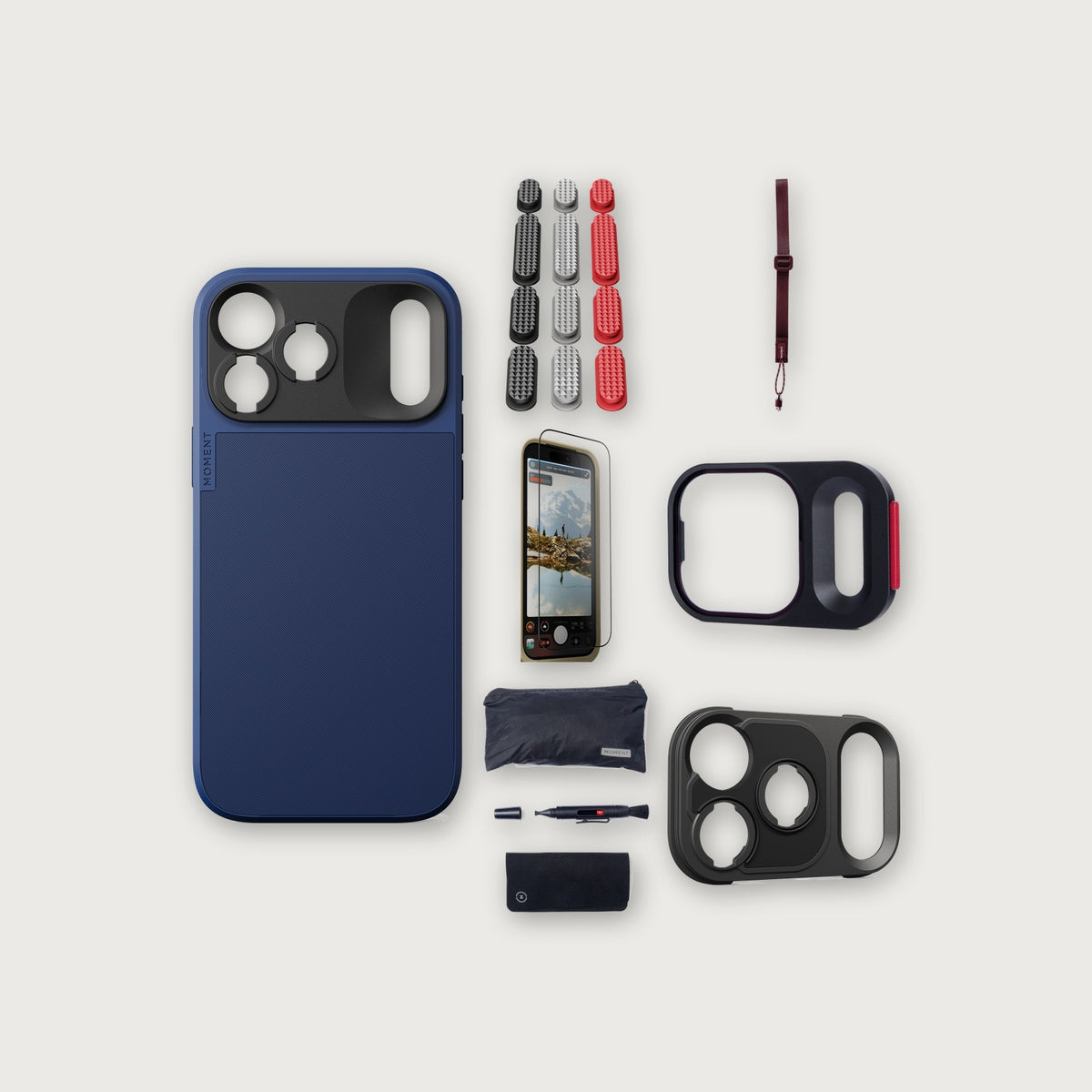 iPhone 18 Pro Max Case Essentials — Indigo case, Metal buttons, Burgundy strap