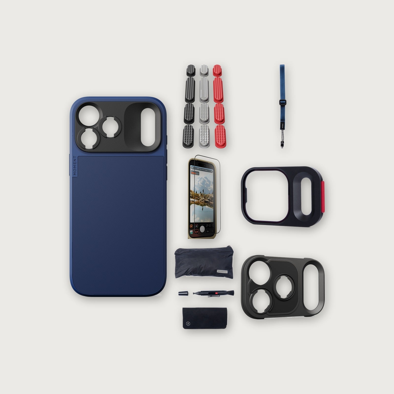 iPhone 18 Pro Max Case Essentials — Indigo case, Metal buttons, Indigo strap