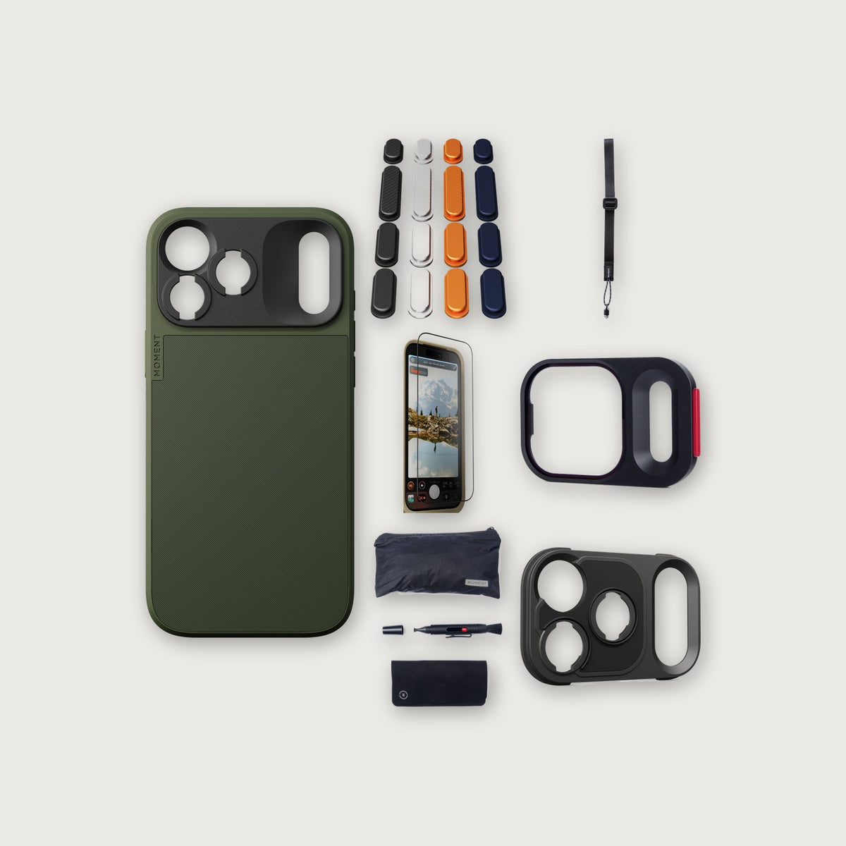iPhone 18 Pro Max Case Essentials — Olive case, A2025 buttons, Black strap