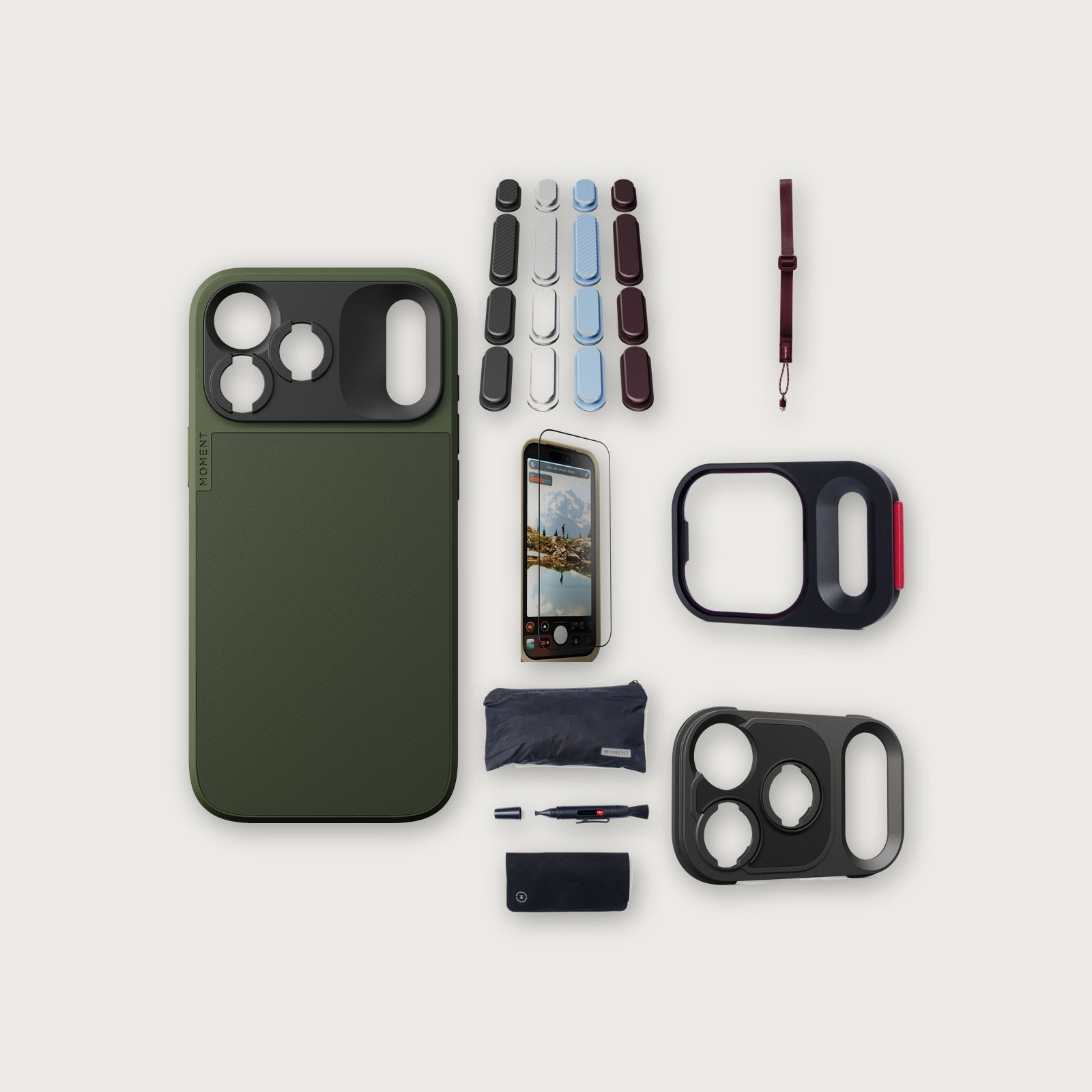 iPhone 18 Pro Max Case Essentials — Olive case, A2026 buttons, Burgundy strap