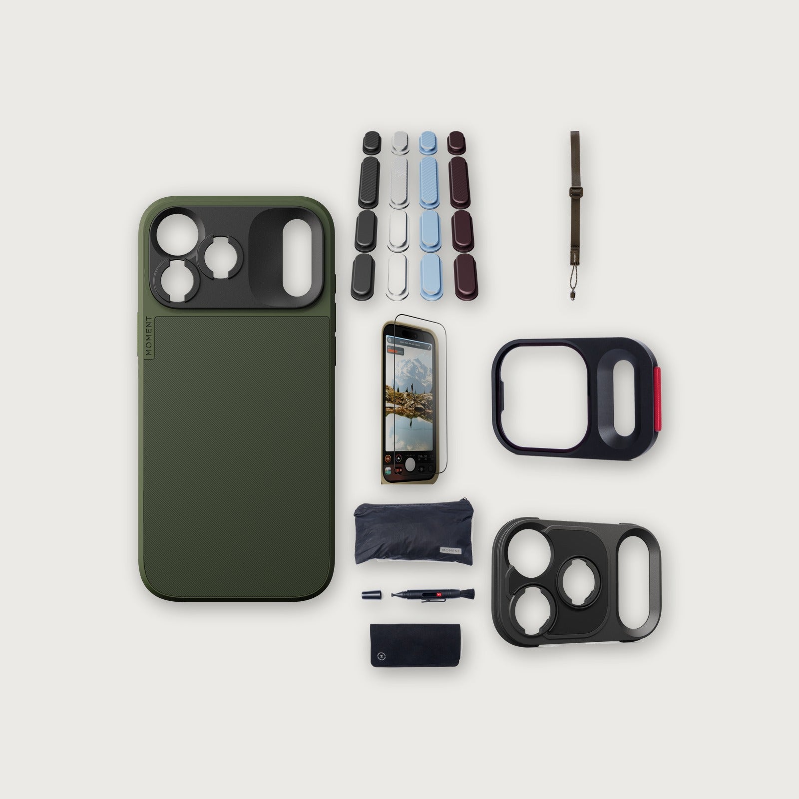 iPhone 18 Pro Max Case Essentials — Olive case, A2026 buttons, Desert strap