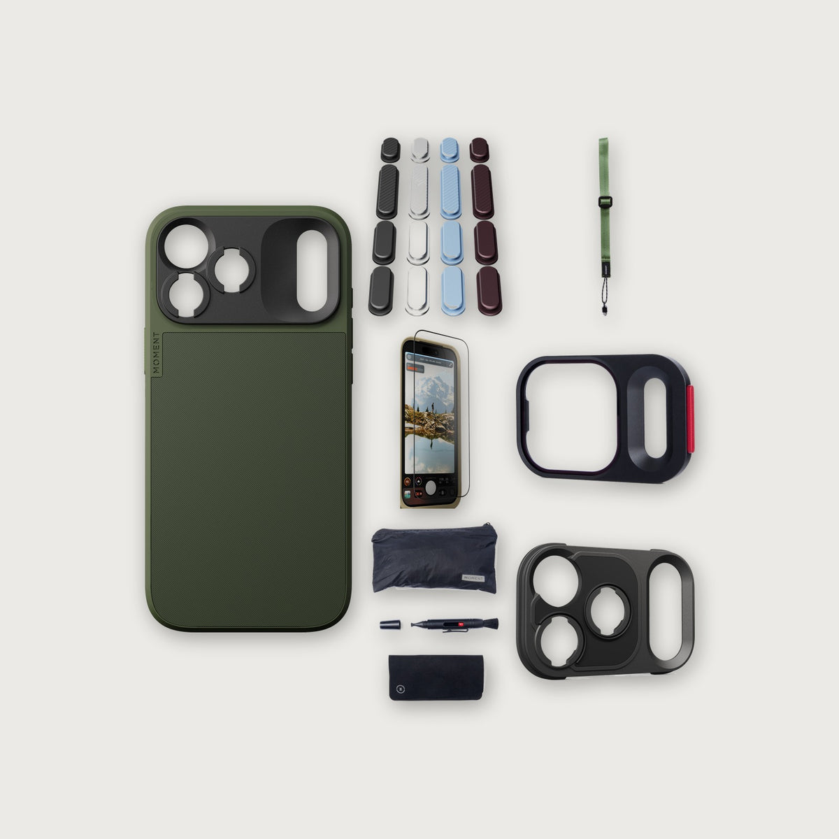 iPhone 18 Pro Max Case Essentials — Olive case, A2026 buttons, Olive strap