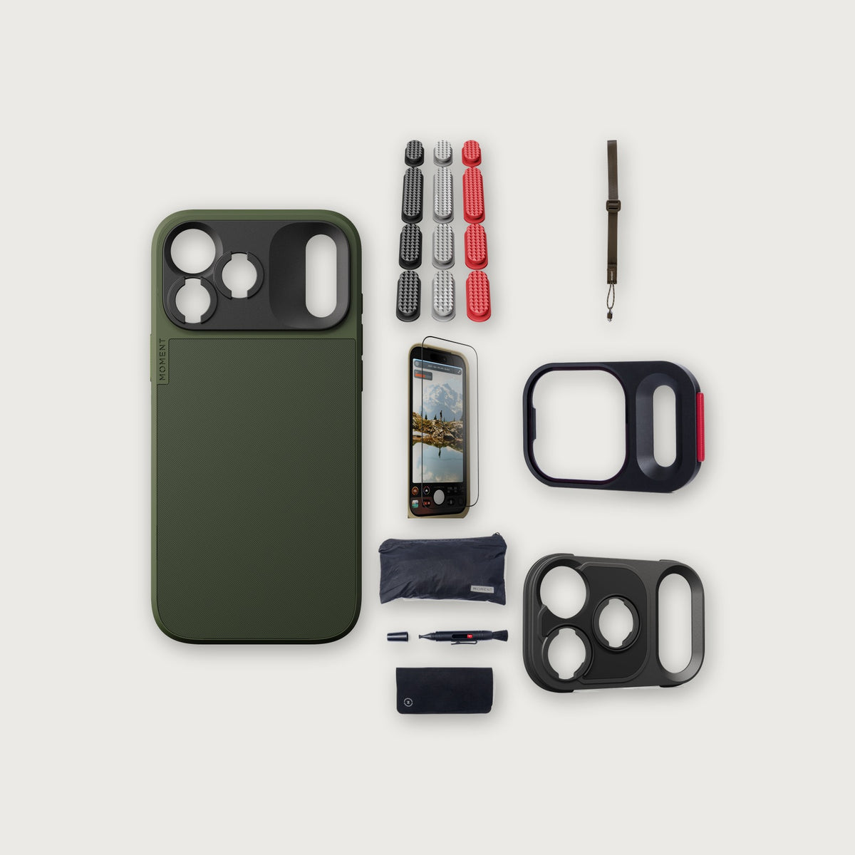 iPhone 18 Pro Max Case Essentials — Olive case, Metal buttons, Desert strap