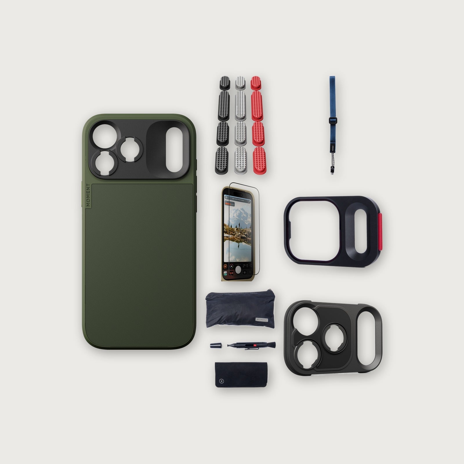 iPhone 18 Pro Max Case Essentials — Olive case, Metal buttons, Indigo strap