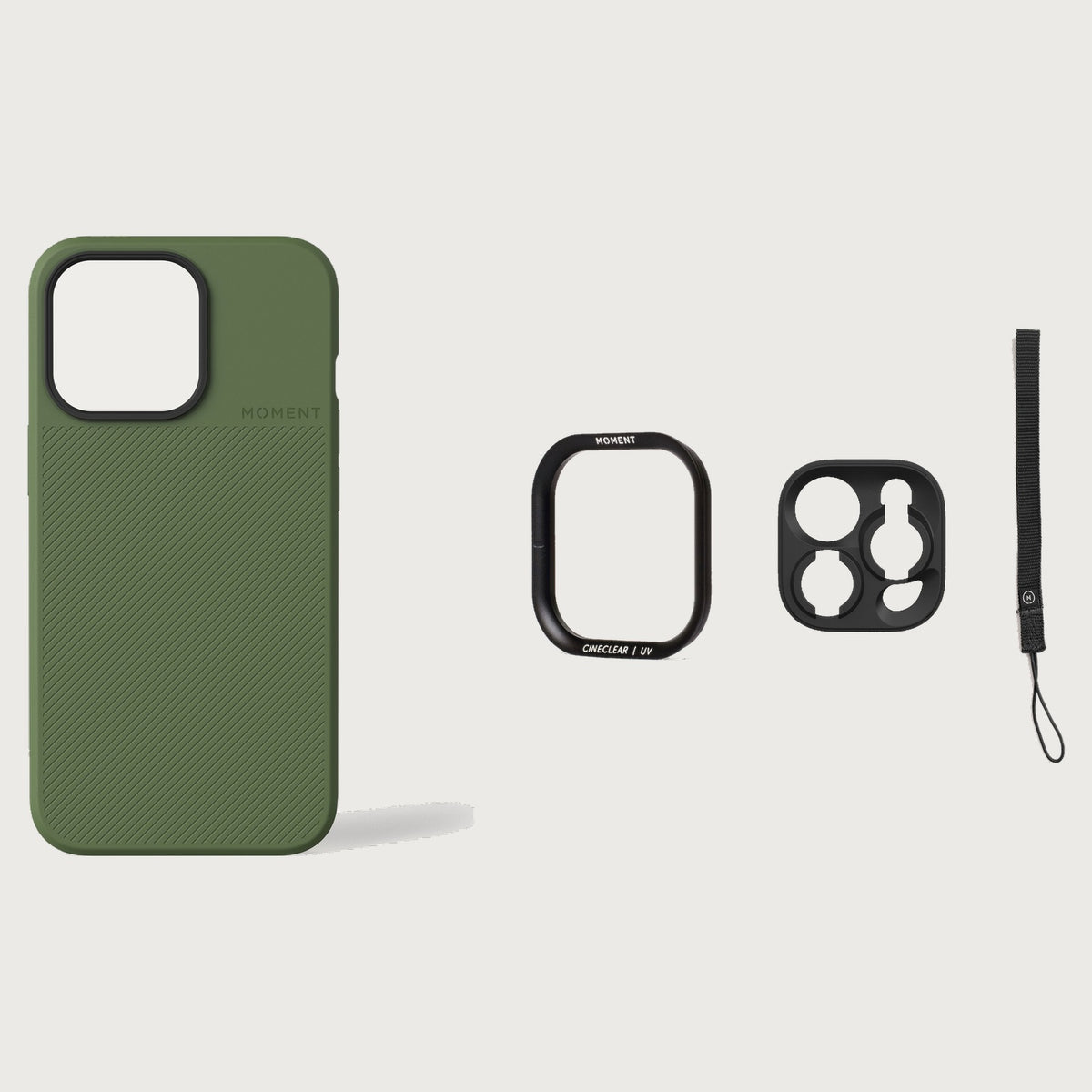 iPhone 13 Pro Case Essentials — Olive case — Black nylon strap