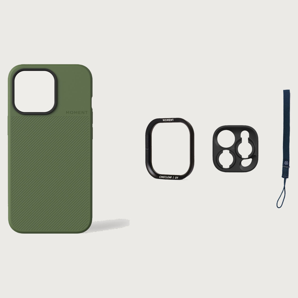 iPhone 13 Pro Case Essentials — Olive case — Navy nylon strap