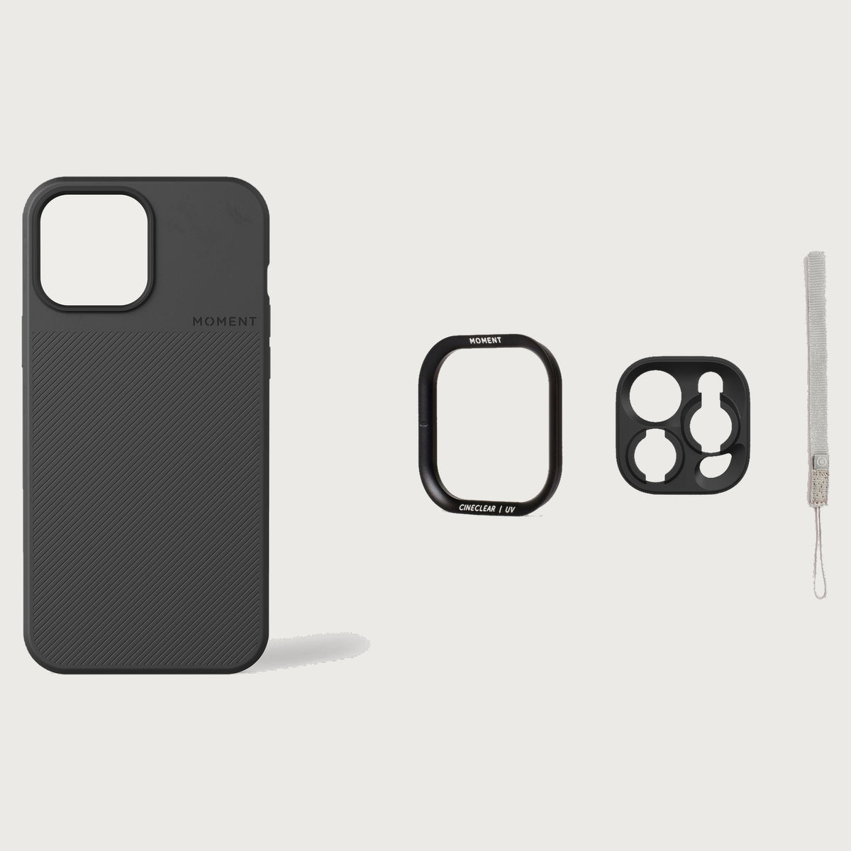 iPhone 13 Pro Max Case Essentials — Black case — Gray nylon strap