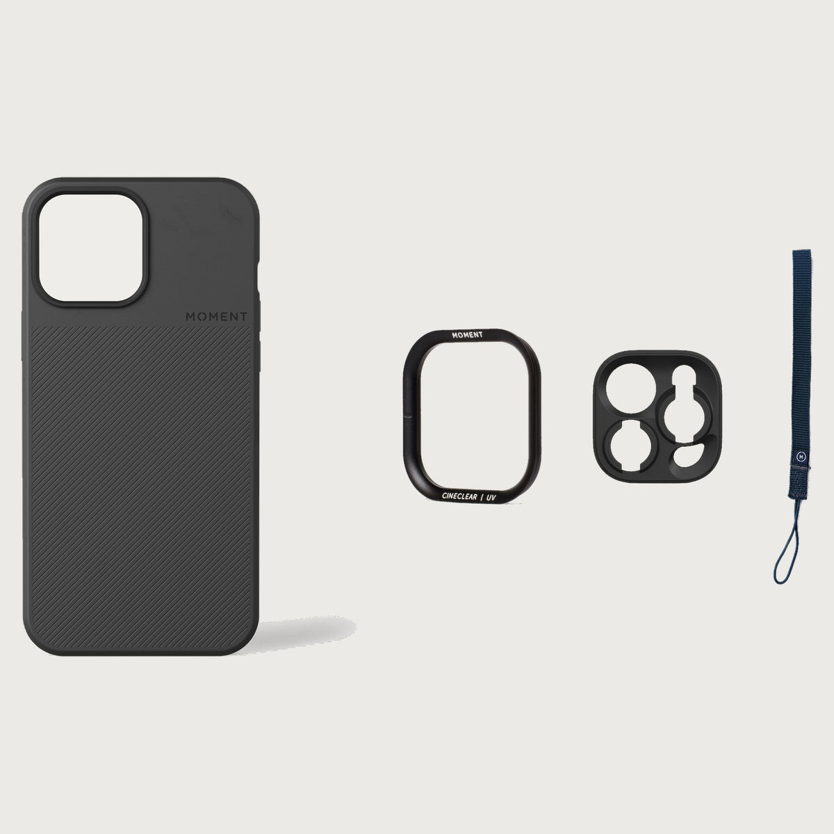 iPhone 13 Pro Max Case Essentials — Black case — Navy nylon strap