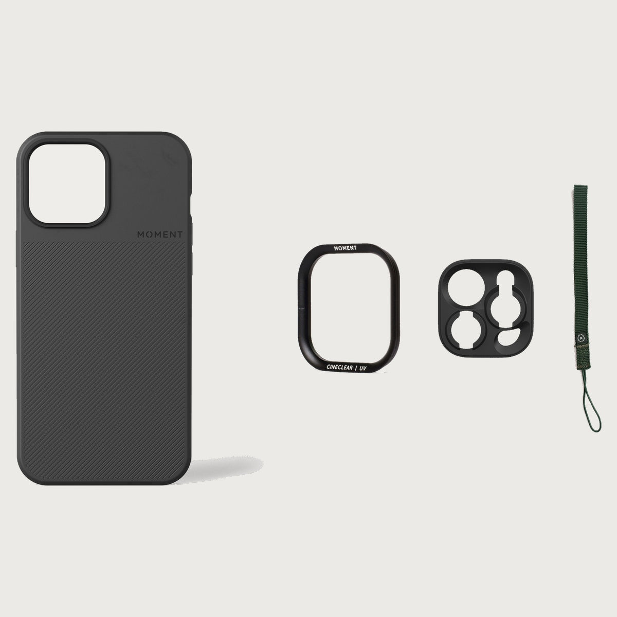 iPhone 13 Pro Max Case Essentials — Black case — Olive nylon strap