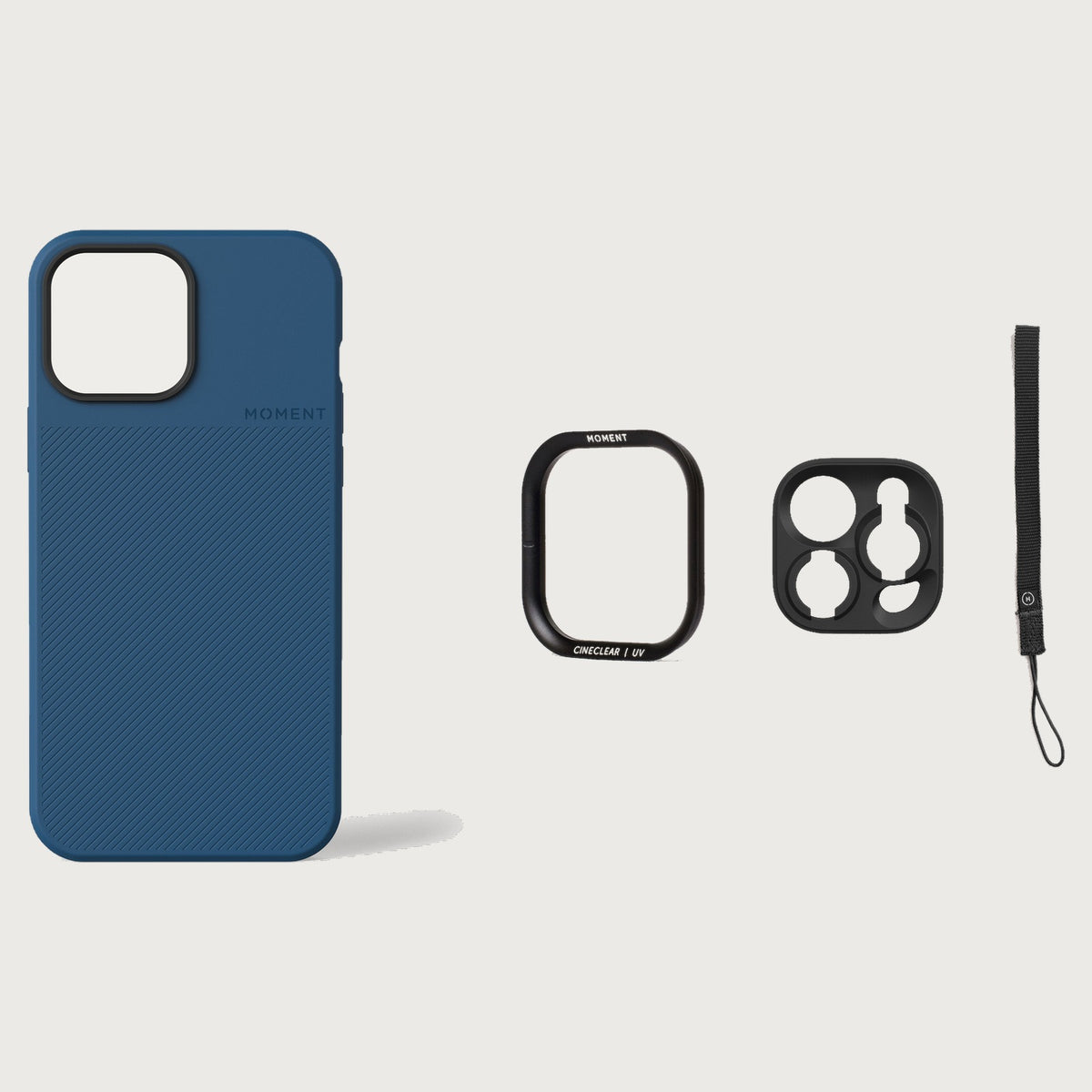iPhone 13 Pro Max Case Essentials — Indigo case — Black / Dark Brown nylon strap