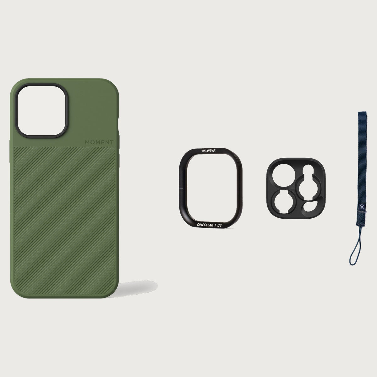 iPhone 13 Pro Max Case Essentials — Olive case — Navy nylon strap