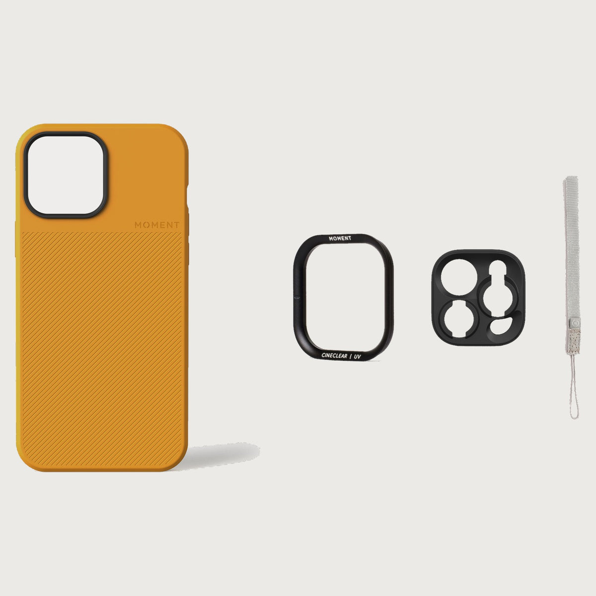 iPhone 13 Pro Max Case Essentials — Yellow case — Gray nylon strap