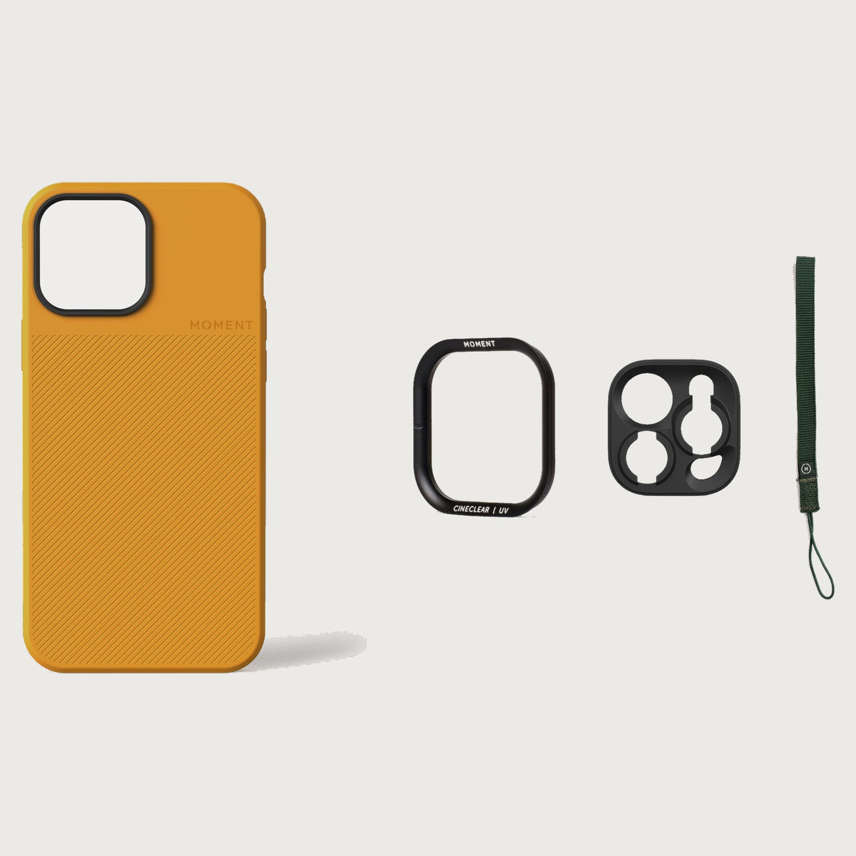 iPhone 13 Pro Max Case Essentials — Yellow case — Olive nylon strap