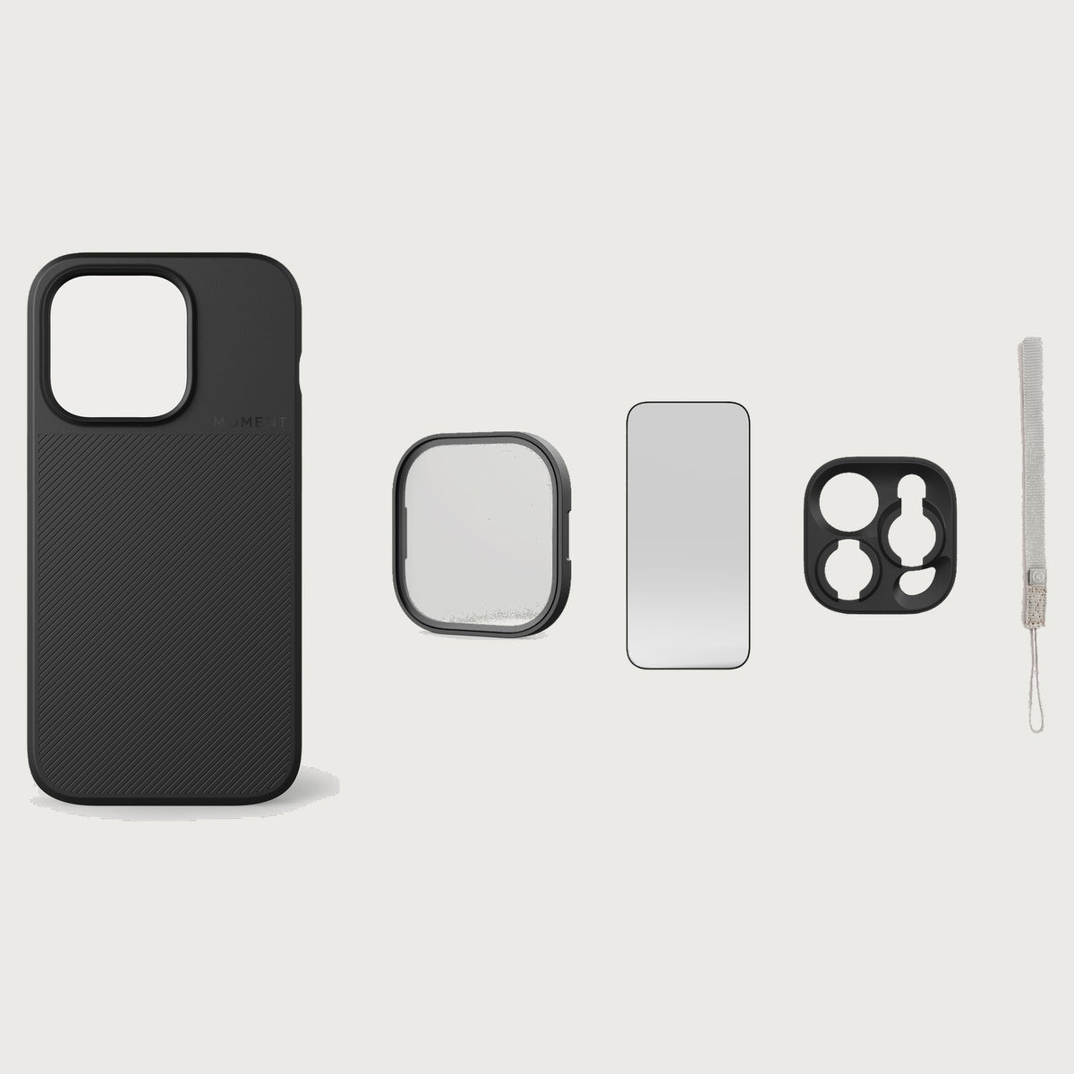 iPhone 14 Pro Case Essentials — Black case — Gray nylon strap