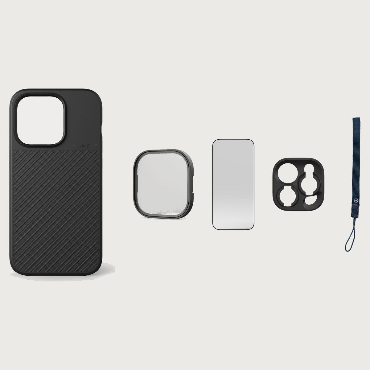 iPhone 14 Pro Case Essentials — Black case — Navy nylon strap