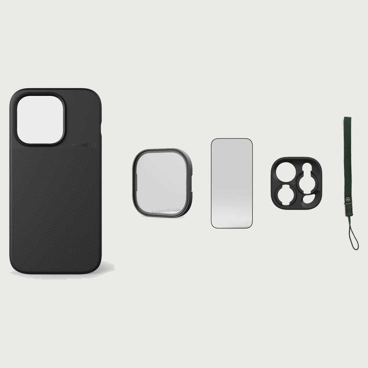 iPhone 14 Pro Case Essentials — Black case — Olive nylon strap