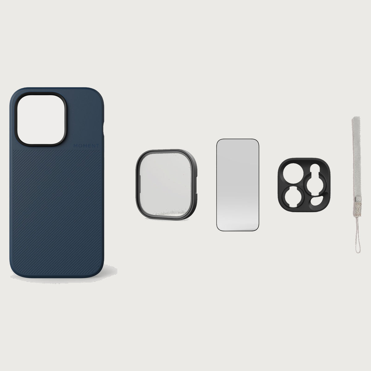 iPhone 14 Pro Case Essentials — Indigo case — Gray nylon strap