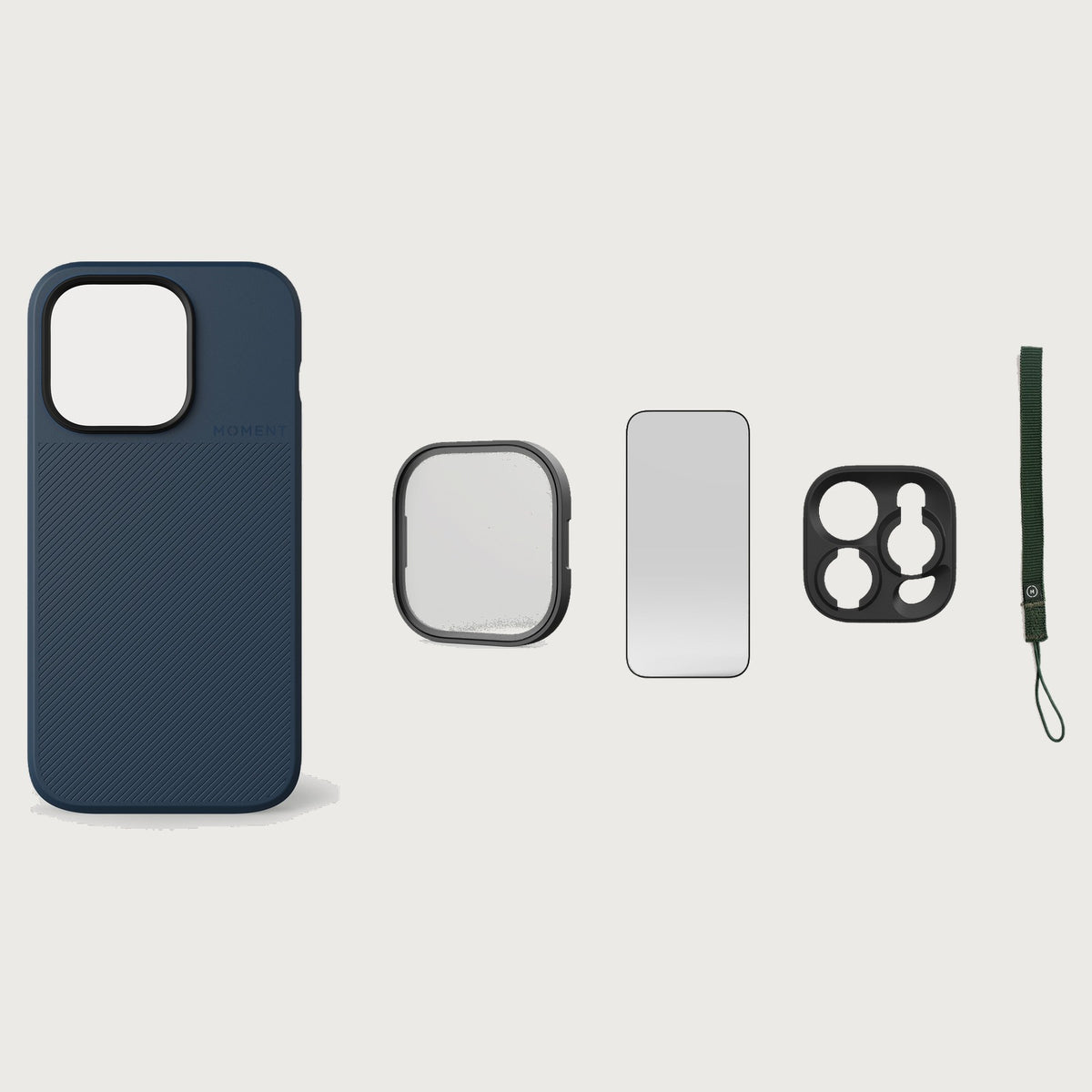 iPhone 14 Pro Case Essentials — Indigo case — Olive nylon strap