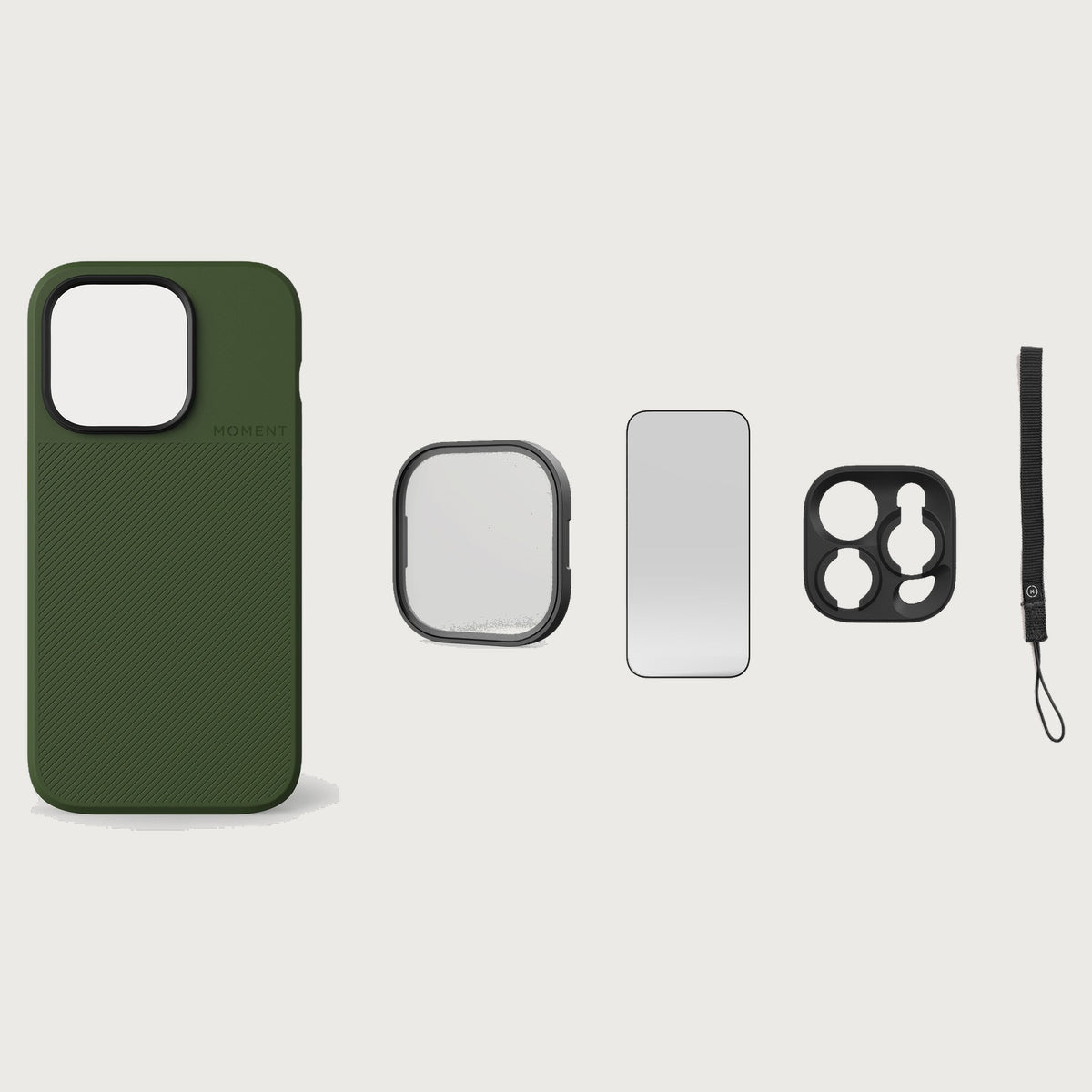 iPhone 14 Pro Case Essentials — Olive case — Black nylon strap