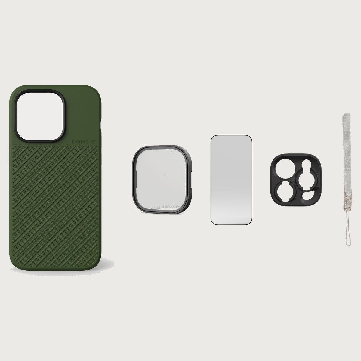 iPhone 14 Pro Case Essentials — Olive case — Gray nylon strap
