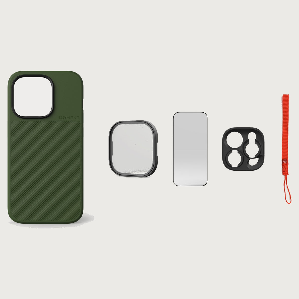 iPhone 14 Pro Case Essentials — Olive case — Red nylon strap