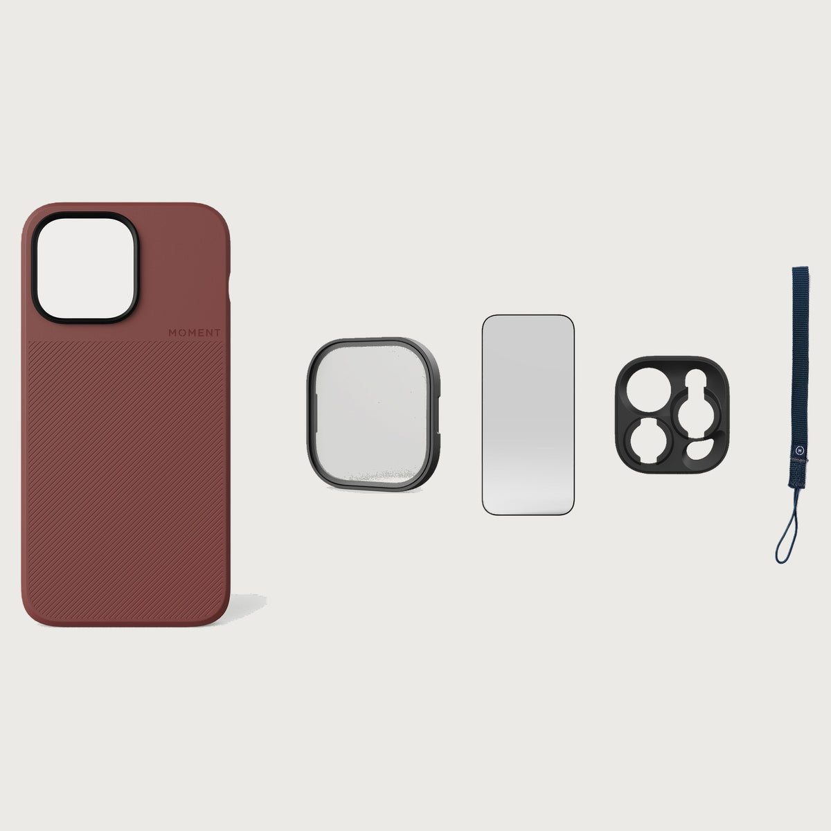 iPhone 14 Pro Case Essentials — Red Clay case — Navy nylon strap
