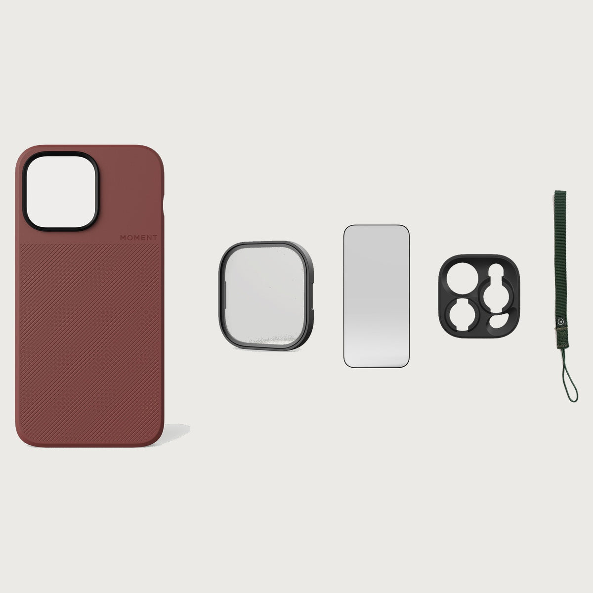 iPhone 14 Pro Case Essentials — Red Clay case — Olive nylon strap