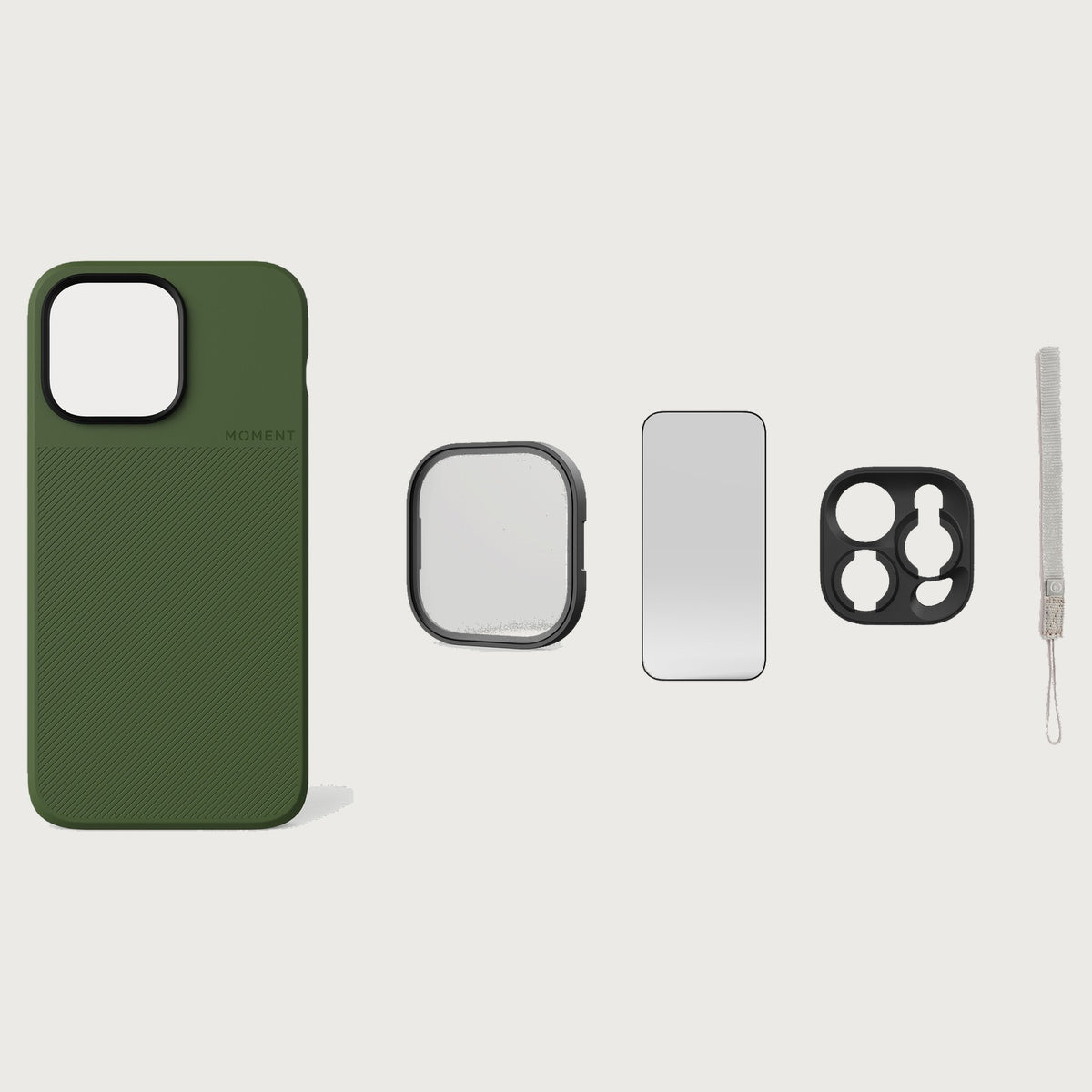 iPhone 14 Pro Max Case Essentials — Olive case — Gray nylon strap