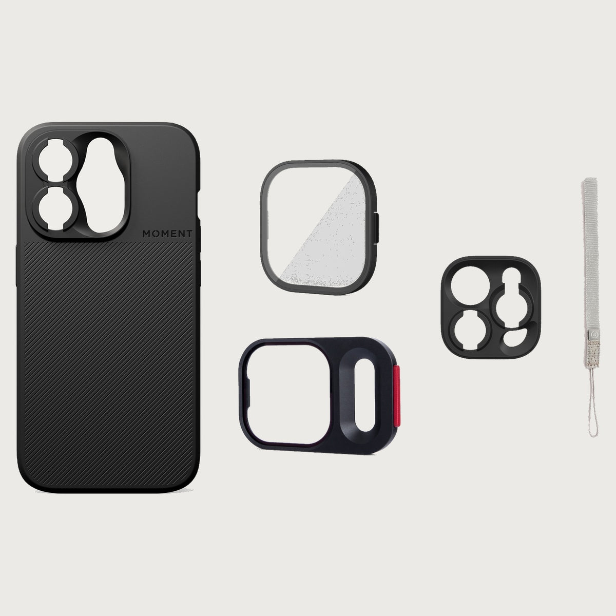 iPhone 15 Pro Case Essentials — Black case — Gray nylon strap
