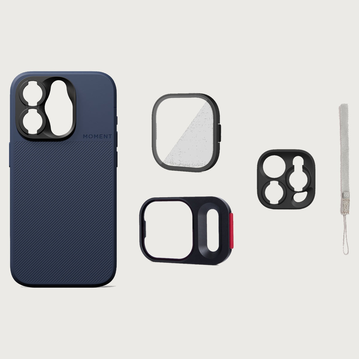 iPhone 15 Pro Case Essentials — Indigo case — Gray nylon strap