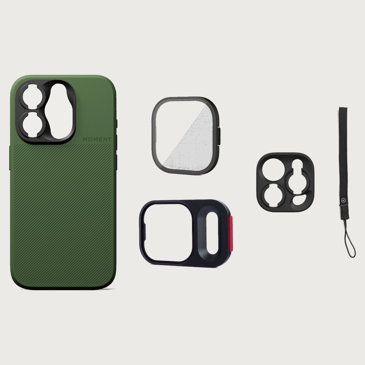 iPhone 15 Pro Case Essentials — Olive Green case — Black nylon strap