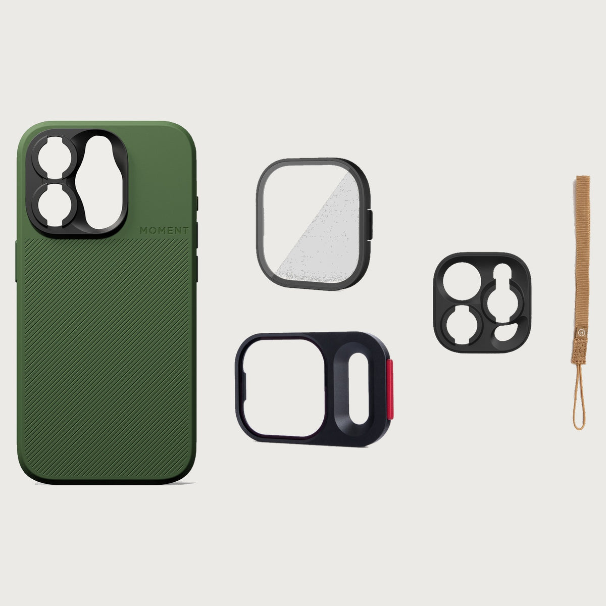 iPhone 15 Pro Case Essentials — Olive Green case — Desert nylon strap