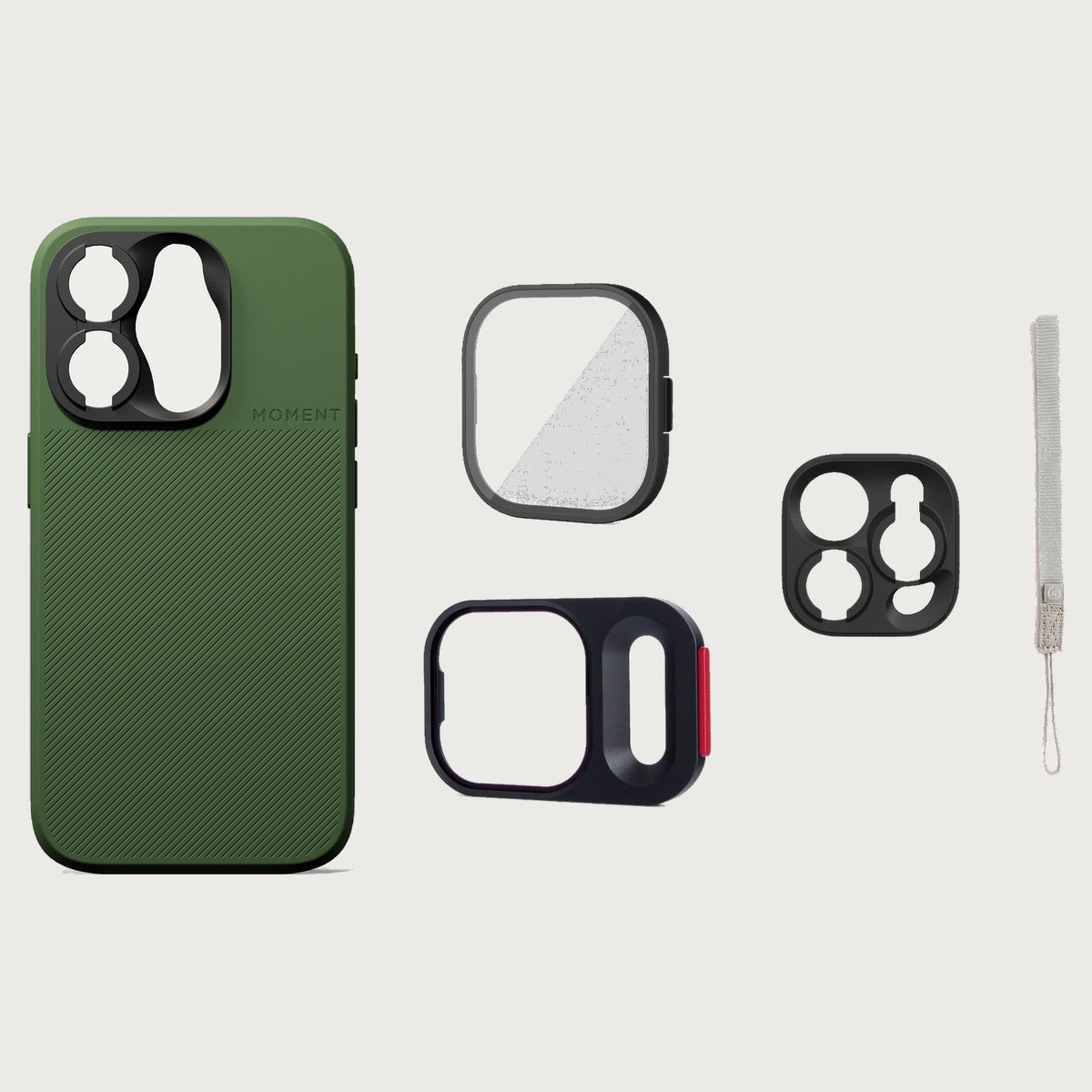 iPhone 15 Pro Case Essentials — Olive Green case — Gray nylon strap