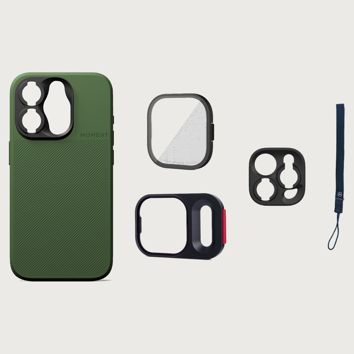 iPhone 15 Pro Case Essentials — Olive Green case — Navy nylon strap