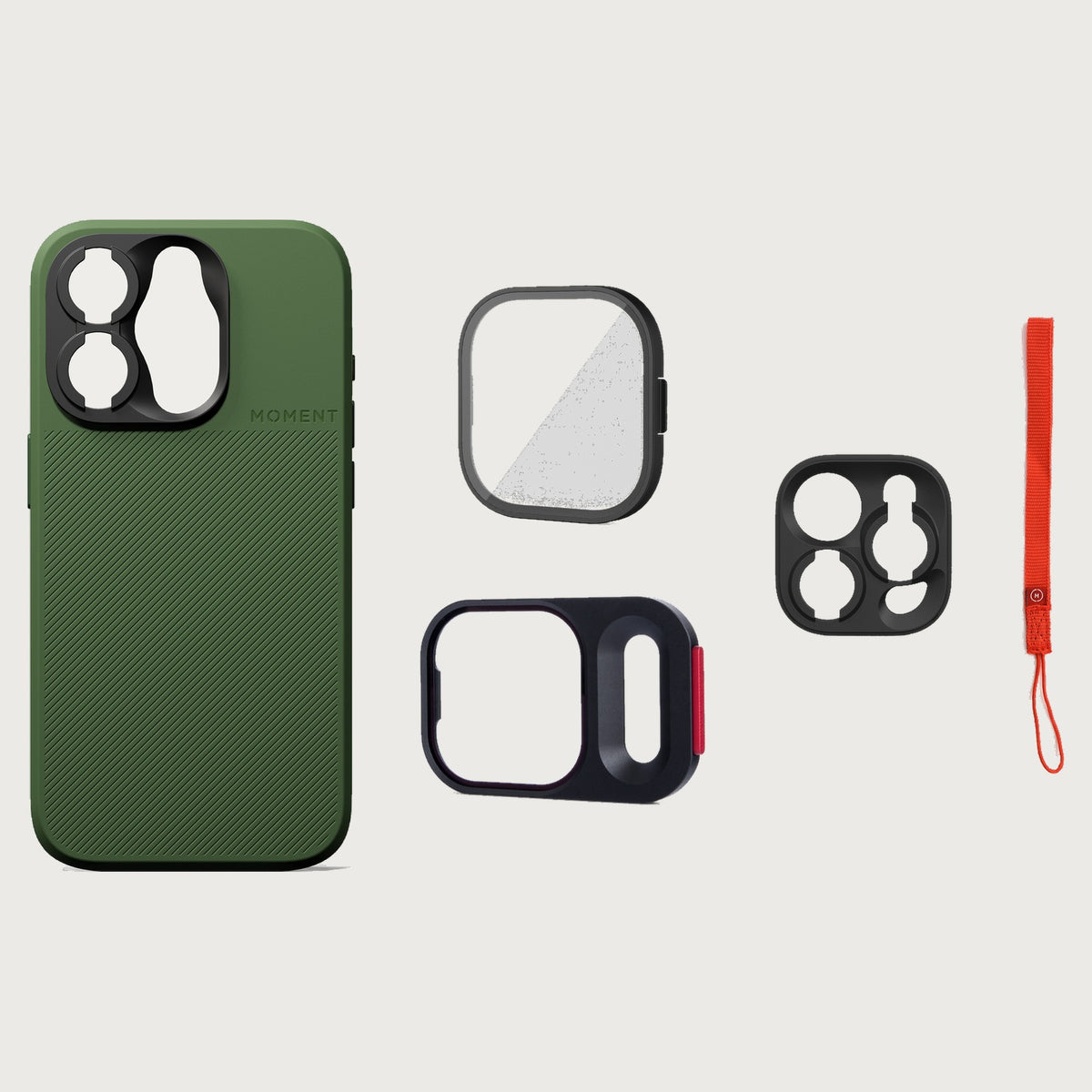 iPhone 15 Pro Case Essentials — Olive Green case — Red nylon strap