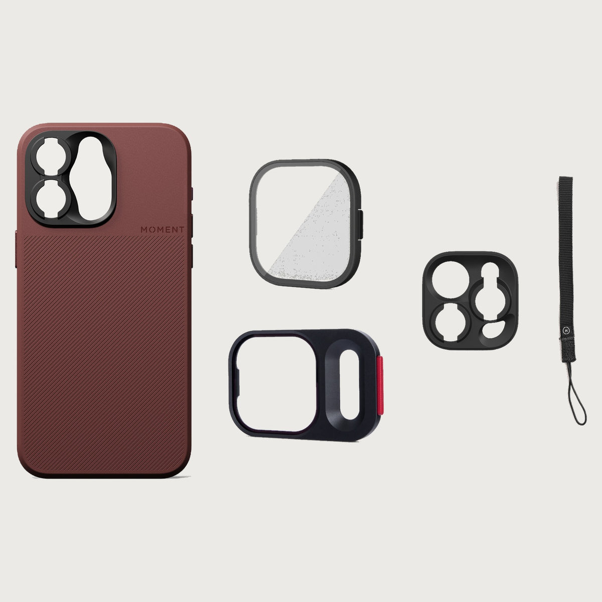 iPhone 15 Pro Case Essentials — Red Clay case — Black nylon strap