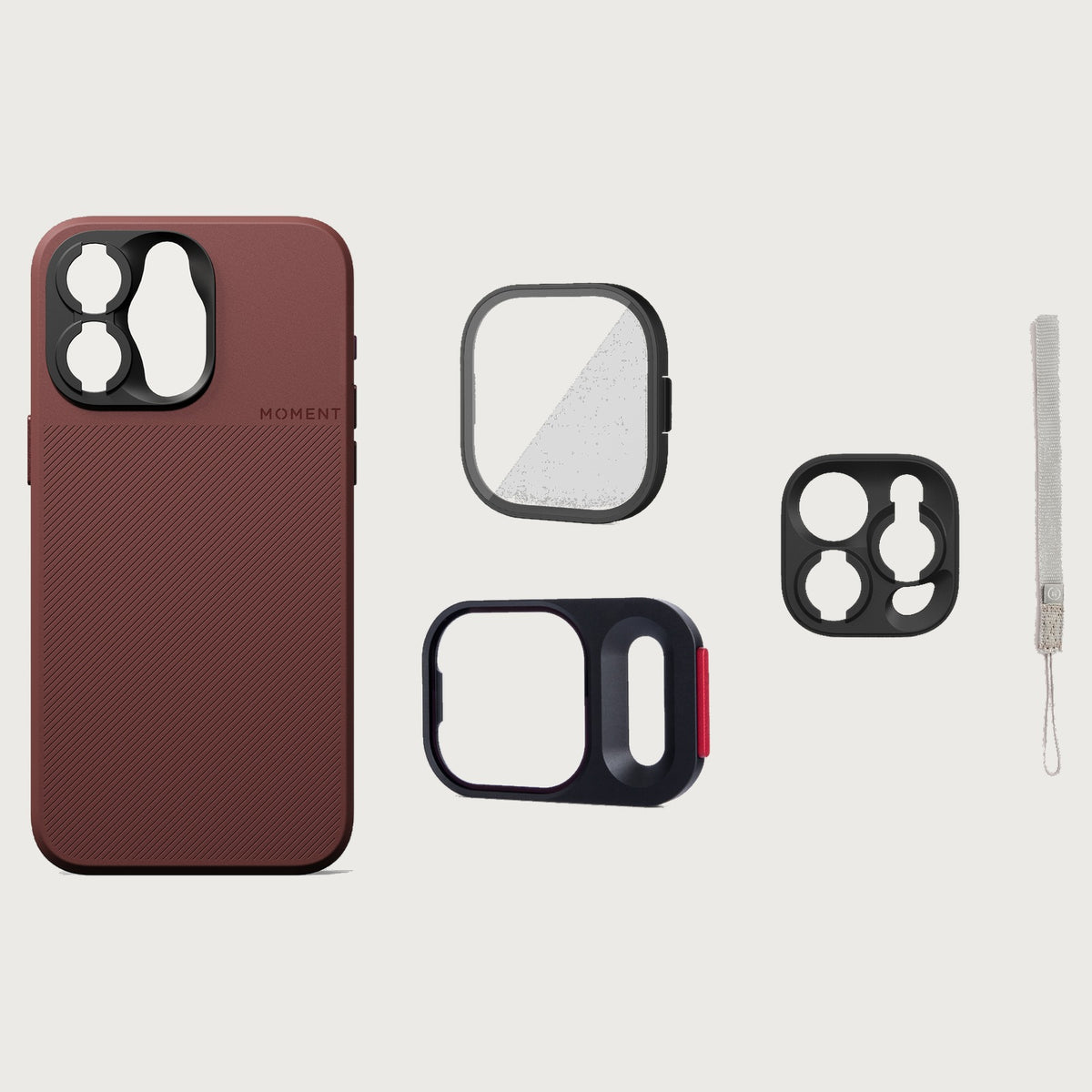 iPhone 15 Pro Case Essentials — Red Clay case — Gray nylon strap