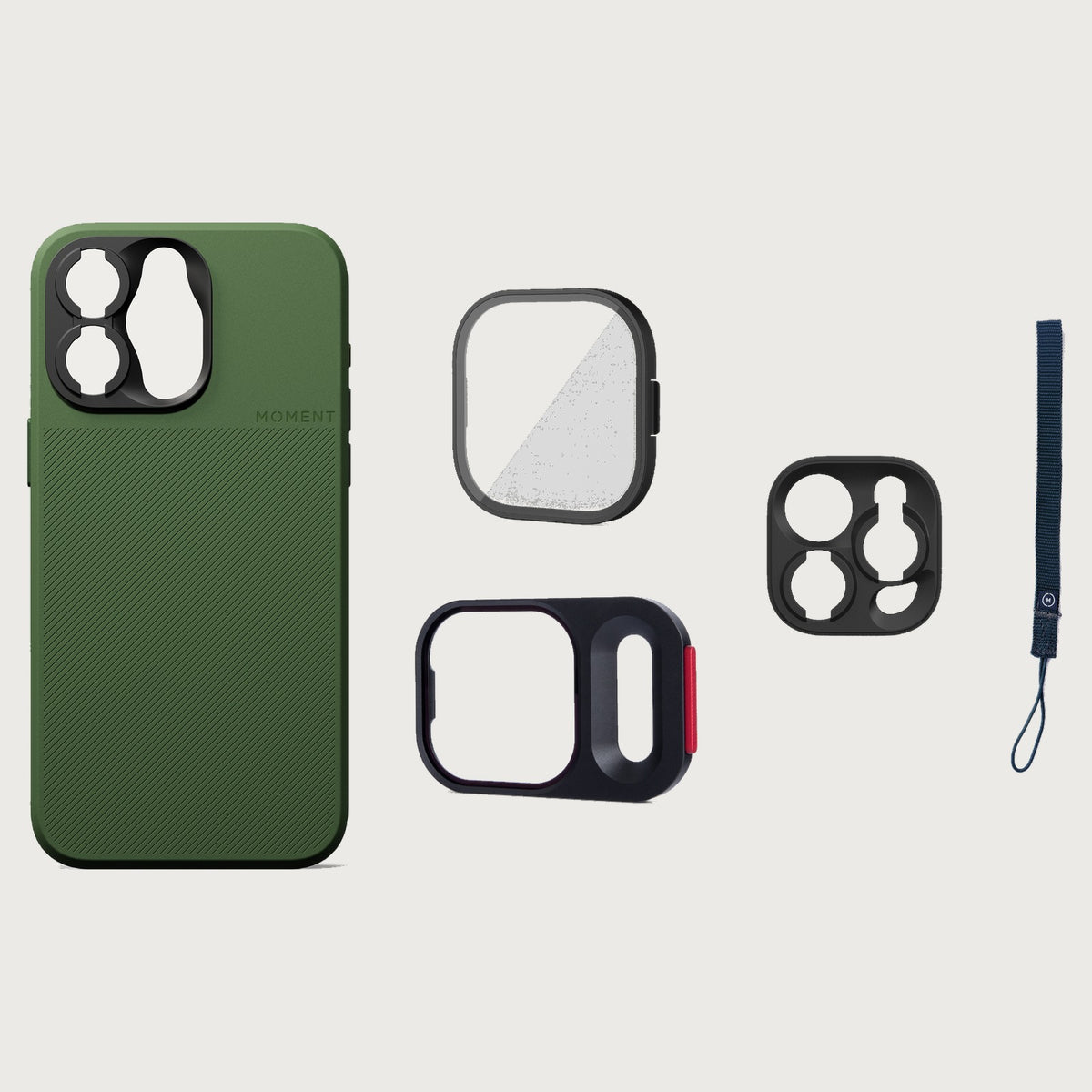 iPhone 15 Pro Max Case Essentials — Olive Green case — Navy nylon strap