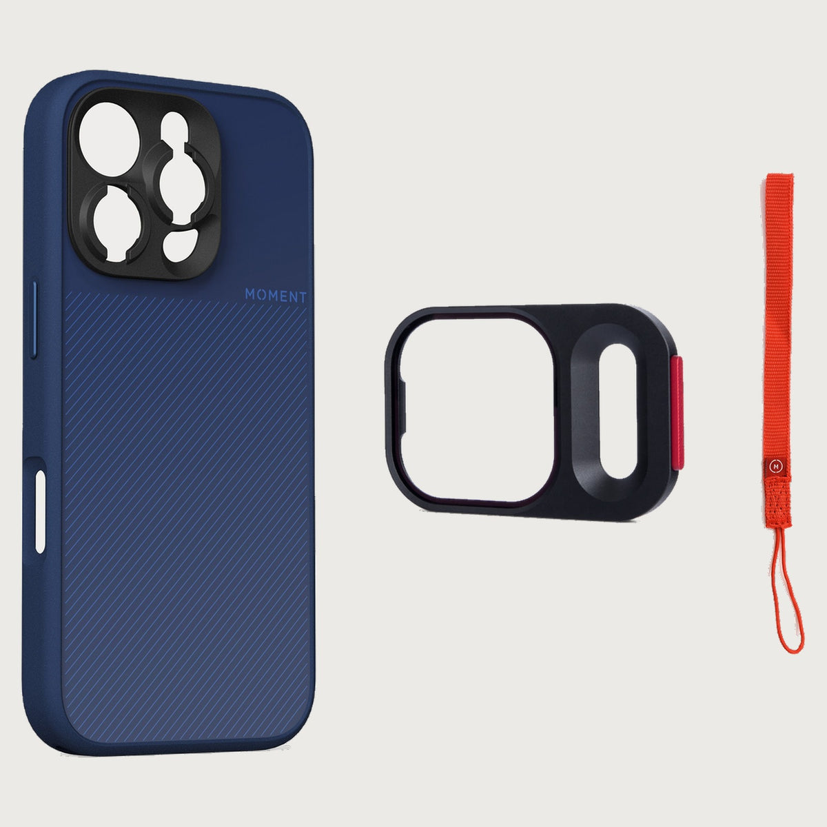 iPhone 16 Pro Case Essentials — Indigo case — Red nylon strap