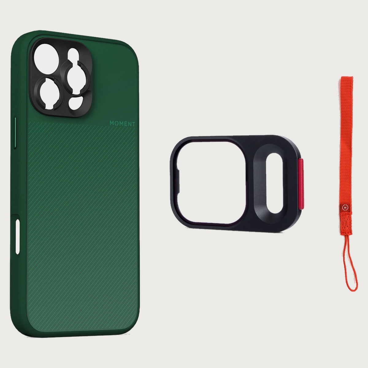 iPhone 16 Pro Case Essentials — Olive case — Red nylon strap