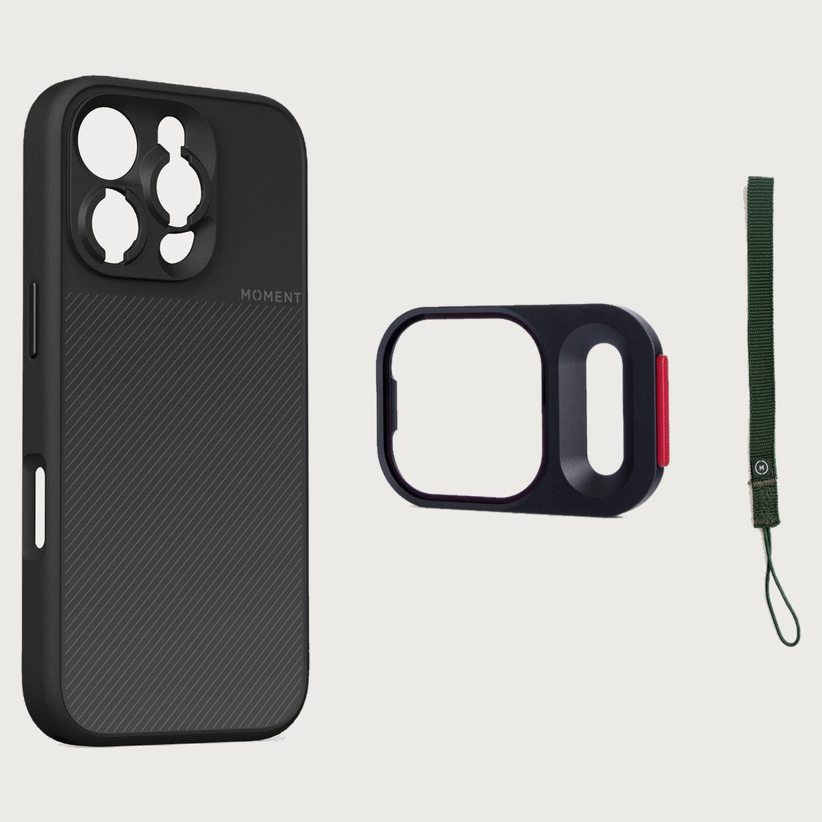 iPhone 16 Pro Max Case Essentials — Black case — Olive nylon strap