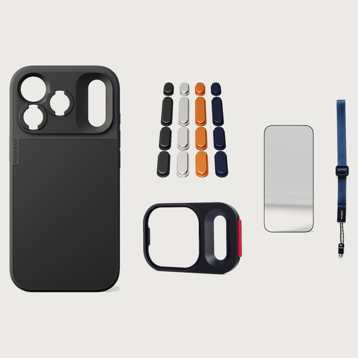 iphone-18-pro-case-essentials — Black case, Apple 2025 Pack (Black/Silver/Orange/Navy), Indigo wrist strap (AR glass + CineClear UV; no drop-in / no cleaning kit)